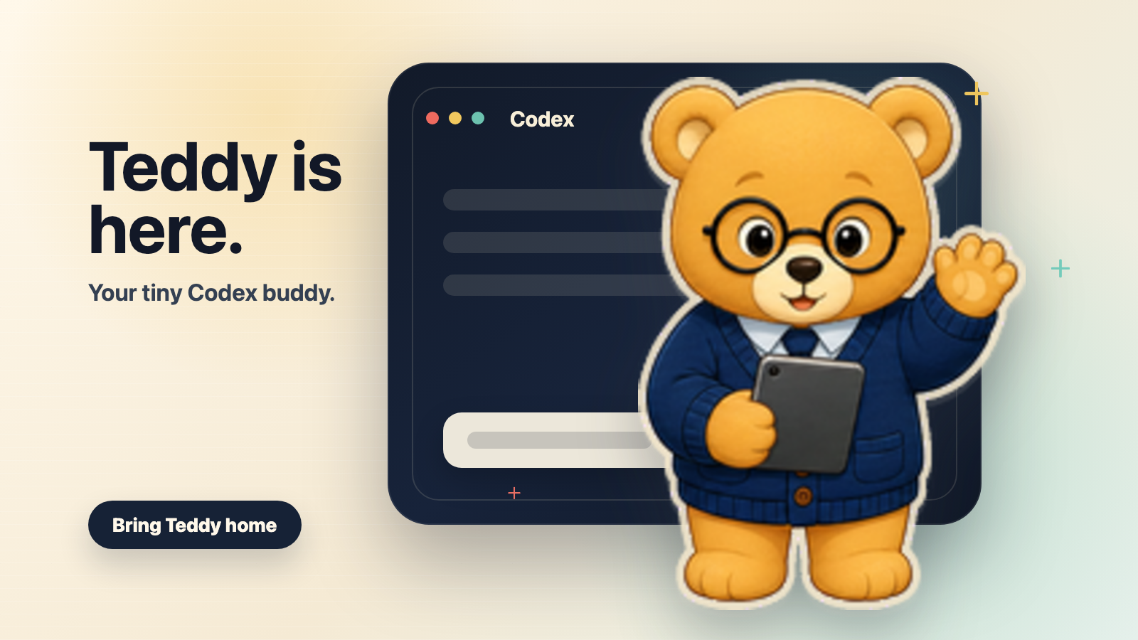 Teddy waving in front of Codex on a cute launch card